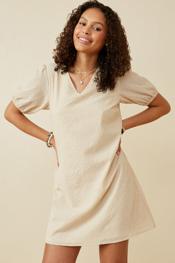 HK1894 Beige Womens Seersucker Texured V Neck Puff Sleeve Dress Front